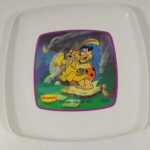 VTG 1989 Denny's Flintstones Plates 'Putting‎ Out Cat'